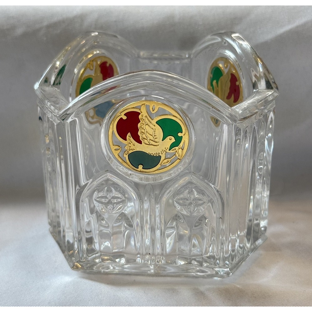 Gorham Crystal Cut Art Glass Dove Gold Stain Glass Like Votive Candle Holder